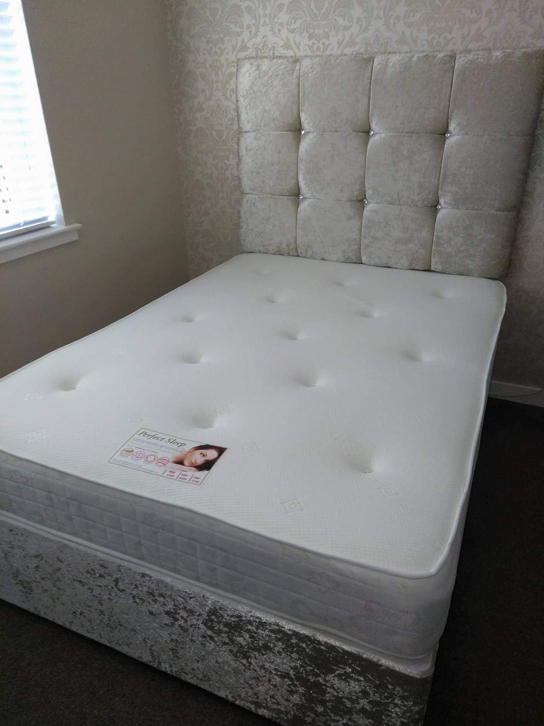 Plush/Chenille Divan Bed with 24" Headboard - CUBED with Diamantes